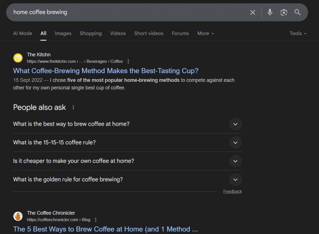 When we searched for "Home Coffee Brewing" many of the same websites popped up, giving us a clear indication that these may be the topical authority competitors to watch for.