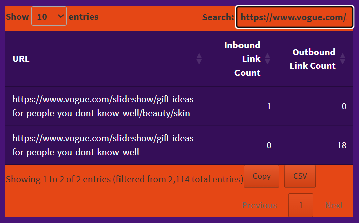 Example of using internal link analysis tool to estimate the number of articles in a topical content cluster